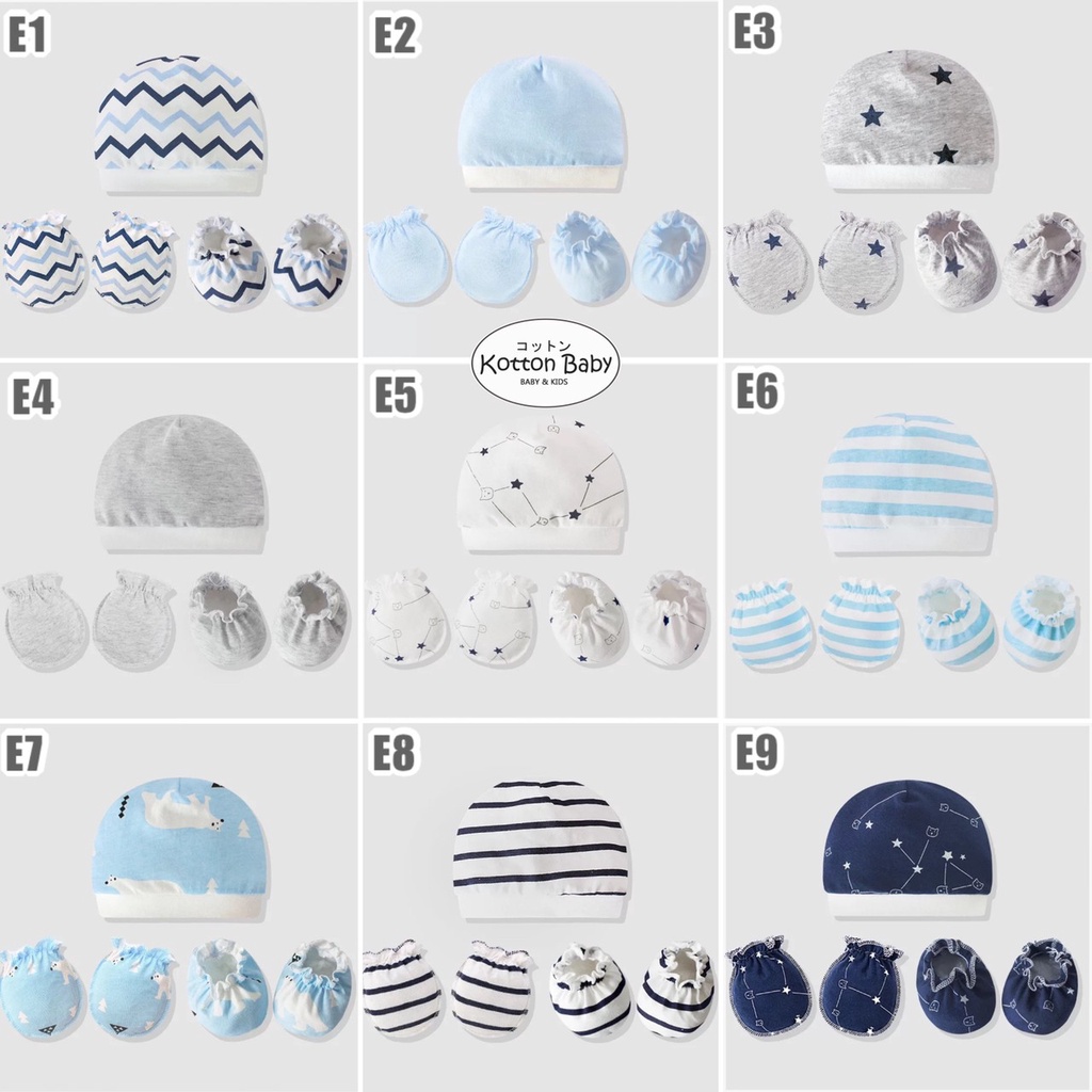 [sale] (1 Set) Topi+Mitten+Booties Bayi | Newborn Sarung Tangab Kaki Kupluk Anak Laki-laki Catalog XY E