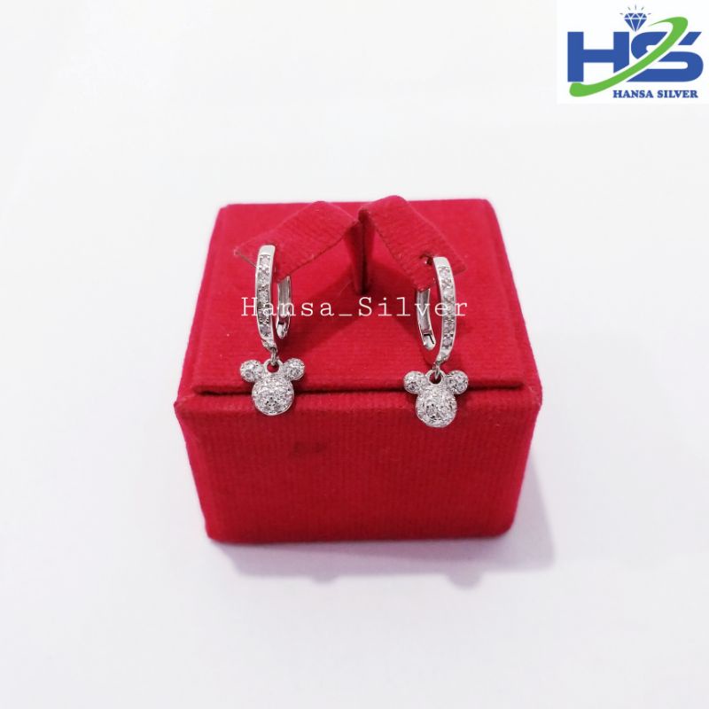 Anting Perak Asli Silver 925 Lapis Emas Putih Jepit Mickey Mouse - Anting Wanita Anti Karat
