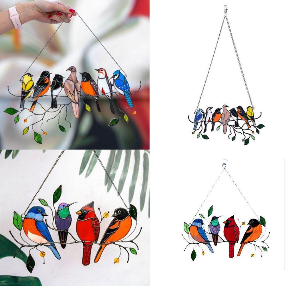 R-flower Bird Pendant Aksesoris Hiasan Dinding Lonceng Angin Burung Berwarna Hiasan Jendela Kaca