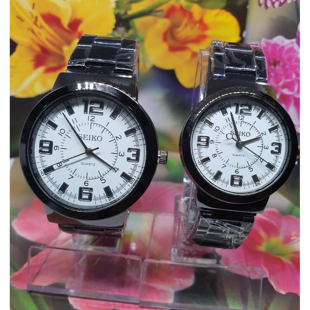 Couple jam tangan pria dan wanita SEIKO RANTAI STAINLESS HITAM CRONO DAN POLOS