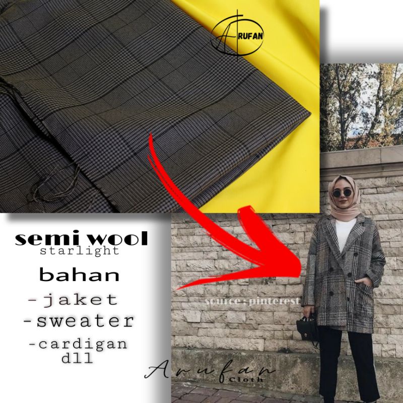 KAIN  KOTAK-KOTAK SEMI WOL ARAHAN JAS BLAZER WARNA COKLAT