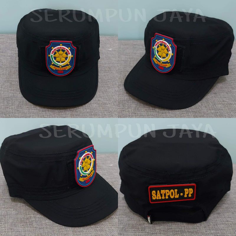 TOPI KOMANDO SATPOL PP LOGO BIRU - TOPI SATPOL PP KOMANDO VELCRO HITAM 2 PATCH