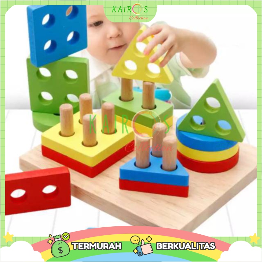 Mainan Kayu Edukasi Anak Menara Geometri Wooden Matching Color Montesori