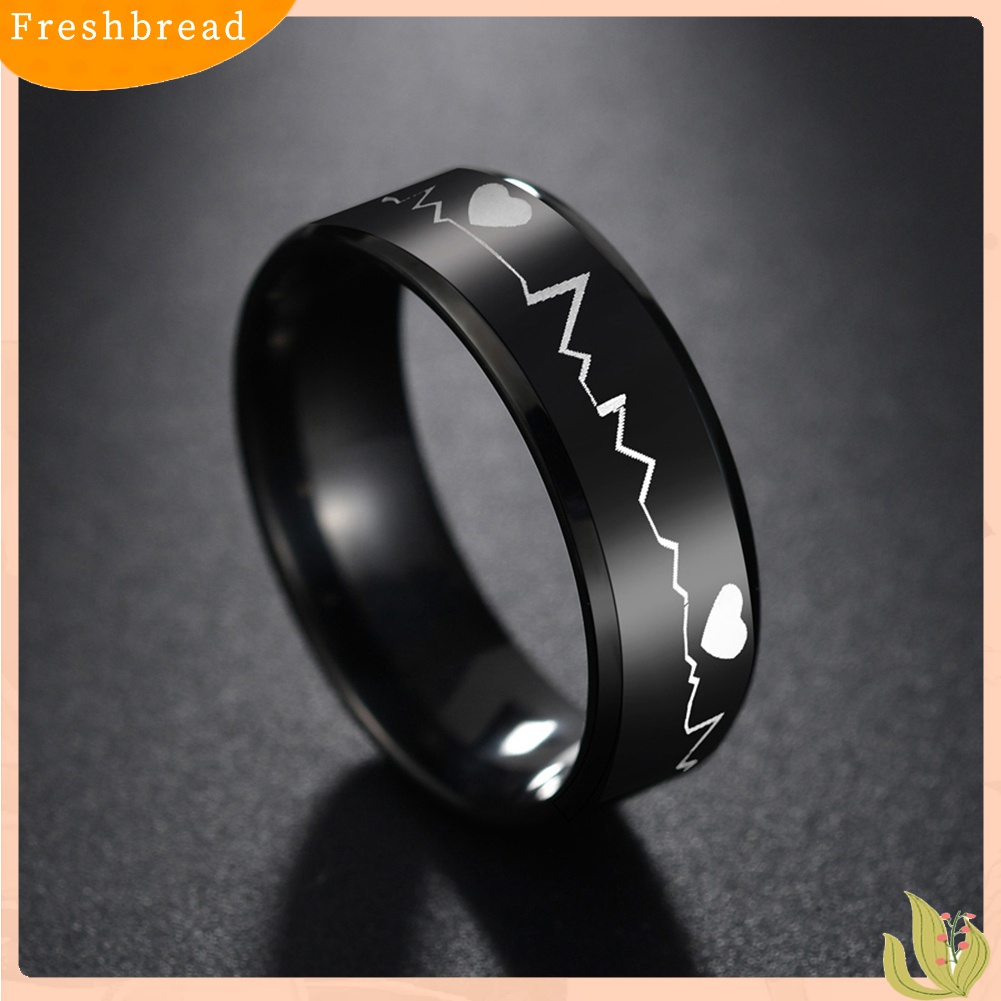 [Fresh] Cincin Pria Bahan Stainless Steel Hitam Motif ECG/Detak Jantung untuk Pesta/Club/Ulang Tahun