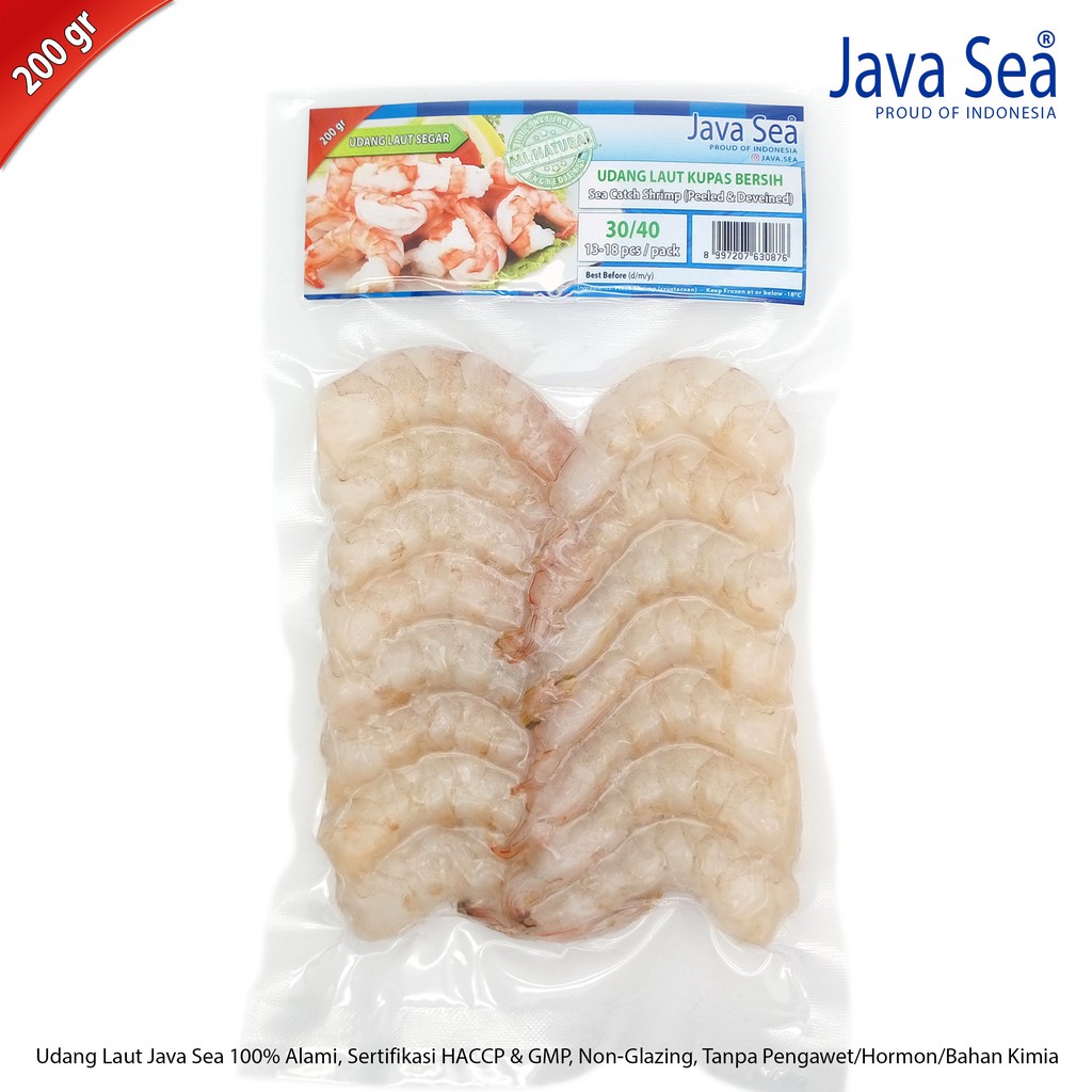 

JAVA SEA Udang Laut Beku Kupas Bersih 30/40 pack 200gr isi 13-18 ekor
