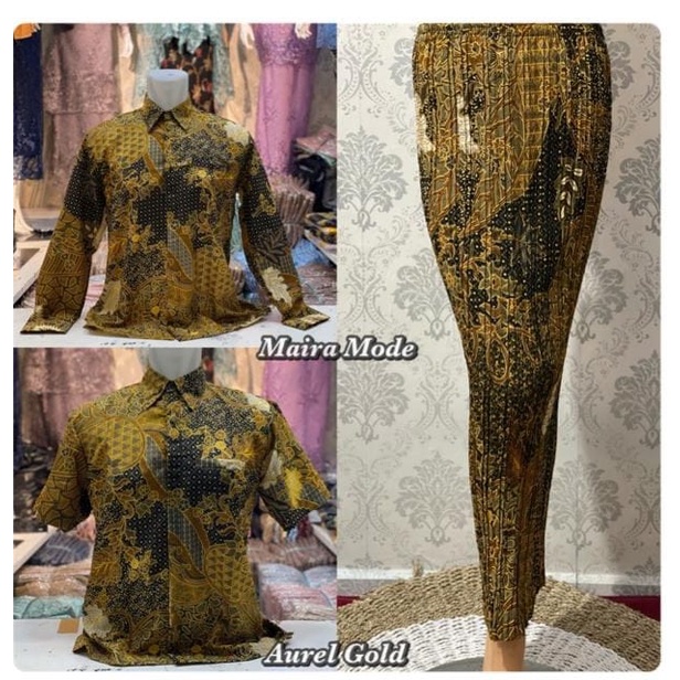 Couple batik kemeja dan rok plisket / set rok plisket dan kemeja batik / motif aurel gold