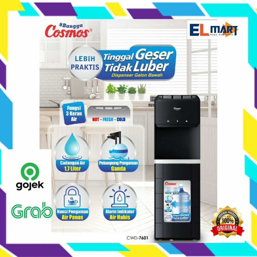 Dispenser Berdiri Galon Bawah 3 Kran Cosmos Hot Cool Normal CWD 7601-link gojek/grab