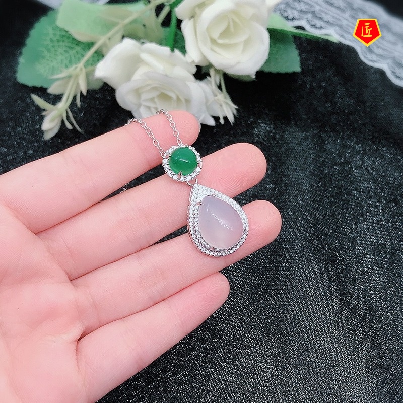 [Ready Stock]Inlaid Natural White Chalcedony Necklace Earrings Open Ring