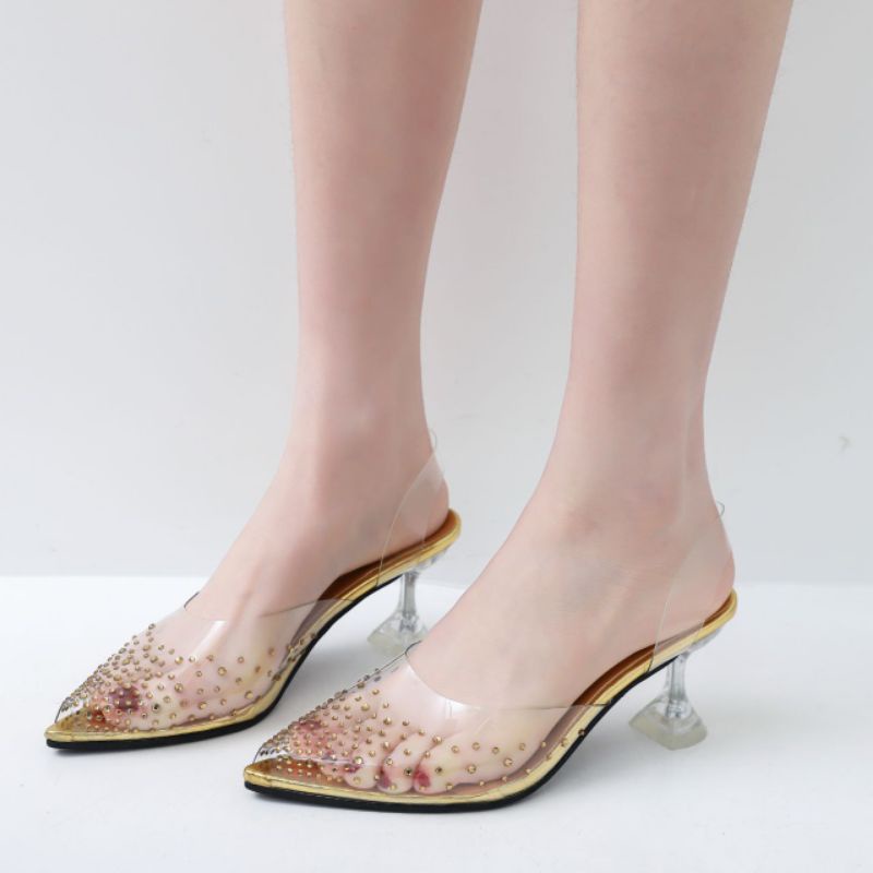 Heels Wanita GO001 Diamond Heels kaca Import 7cm