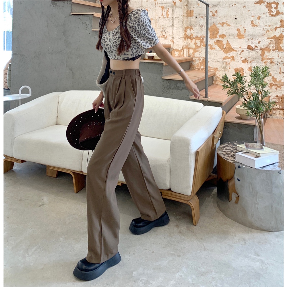 Celana Panjang Kasual Khaki Wanita Loose Minimalis Basic Color High Waist Straight Pants