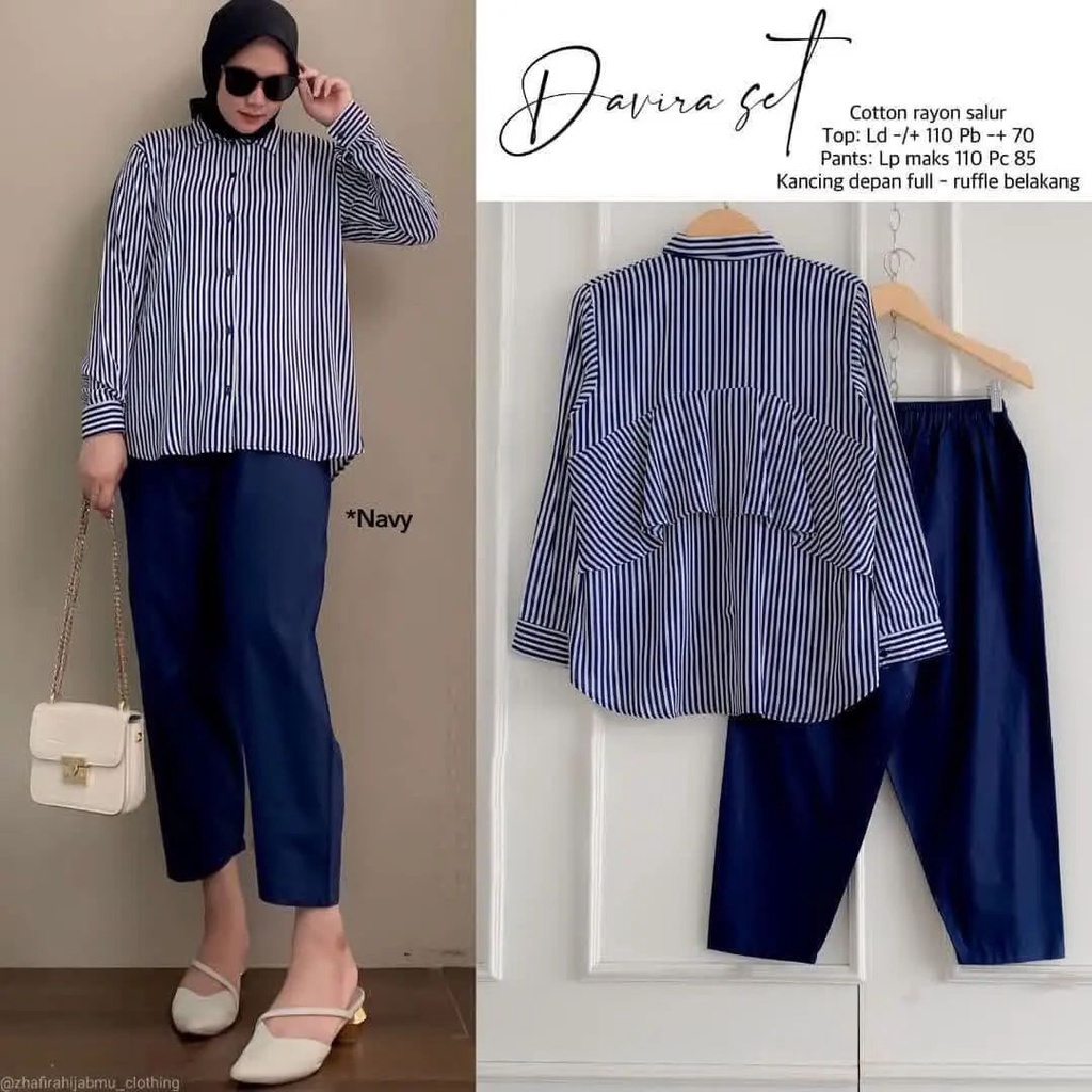 Setelan Wanita Davira Set Muslim Blouse Katun Salur Celana Panjang Polos Fashion Kekinian Korean Sty