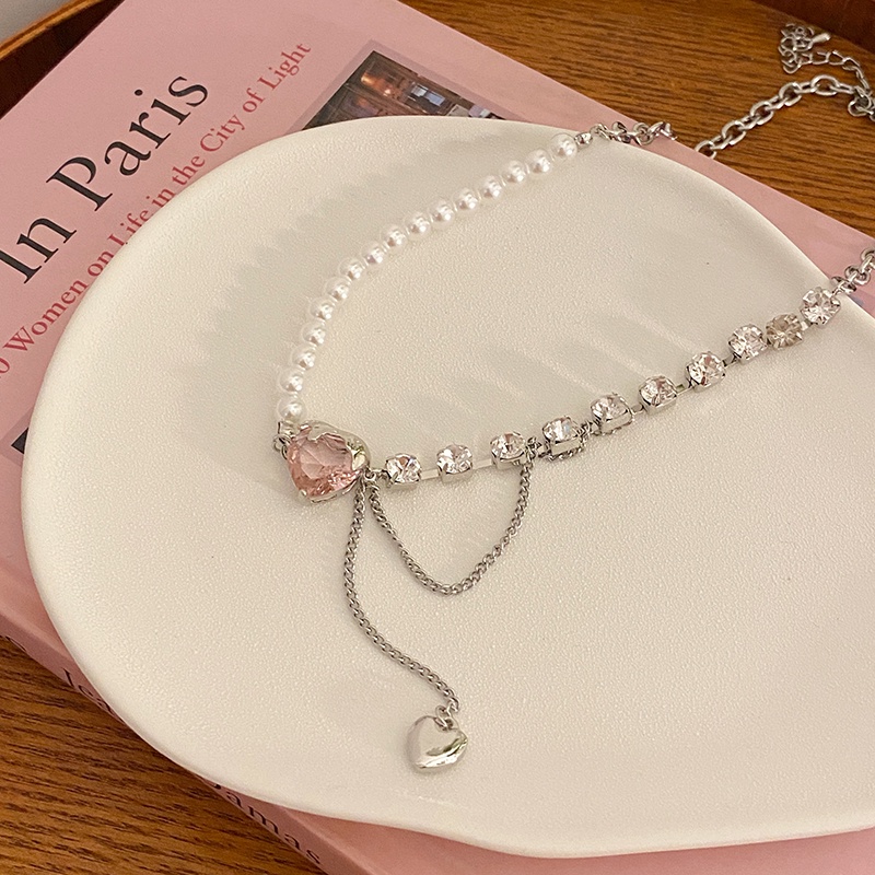 Love Pink Crystal Pendant Necklace Accessories Pearl Stitching Clavicle Chain Harajuku Korean Version