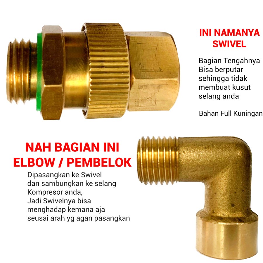 Elbow sambungan selang kompresor drat 14mm di lengkapi swivel anti lilit selang