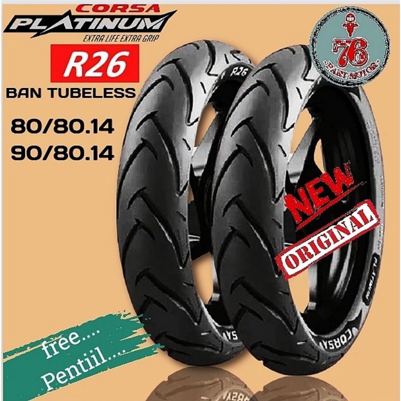 PAKET BAN TUBELESS MATIC CORSA R26 80/80 .14 &amp; 90/80 .14 FREE PENTIL