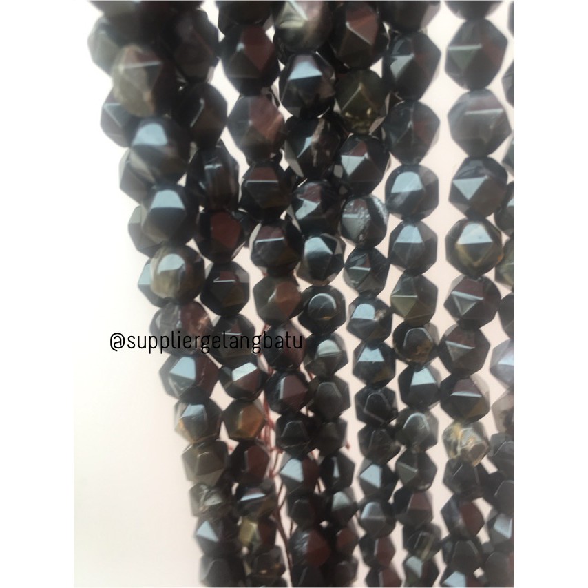 batu faceted hexagon Stone 8mm black obsidian akik bahan gelang kalung aksesoris craft hitam gelap