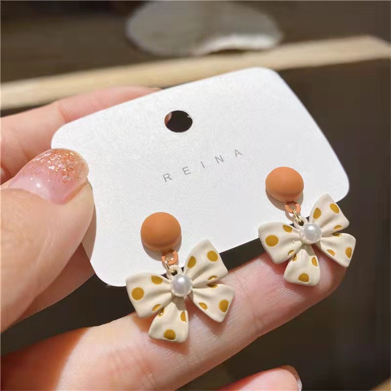 (Hello Girl)E05 Anting Wanita Model Tusuk Motif Pita Gaya Korea Import-E05 Pita Orange Dot