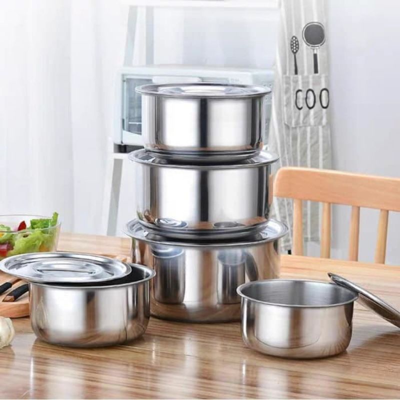 Stock pot set stainless susun 5 + tutup /mixing bowl susun 5 / mangkok  susun tutup tebal