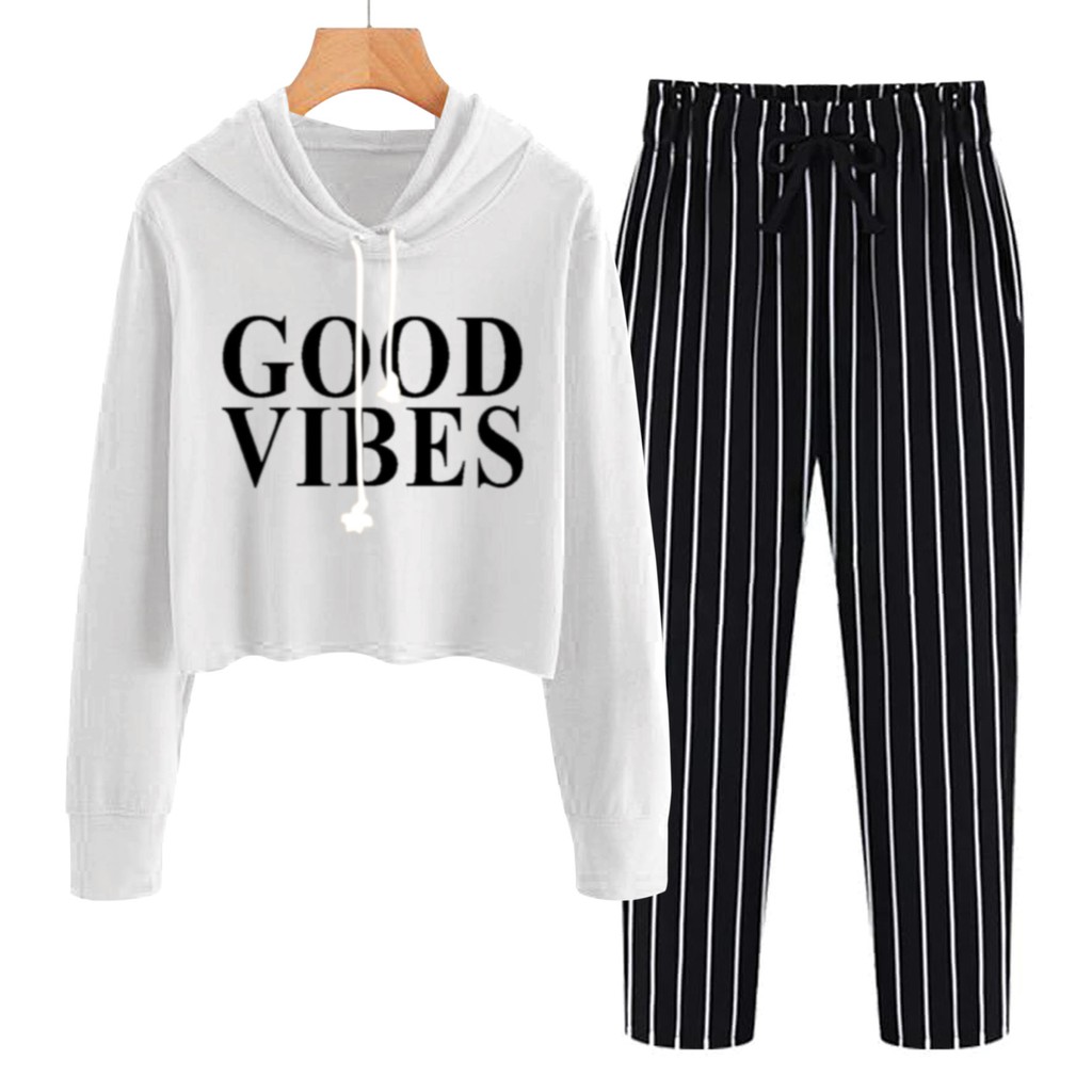 BESS - Baju Setelan Wanita Murah / Setelan Hoodie Crop + Celana Salur Hitam - GOOD VIBE