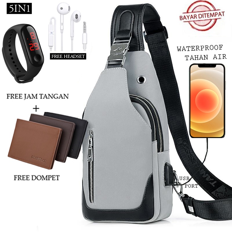 TANMESSO 5in1 BAYAR DITEMPAT- JAM LED -HEADSET- DOMPET -USBPORT -TAS WATERPROOF-BAHAN INTERPILAR SENDIRI LEMBUT DAN TEBAL MENGANDUNG 70%COTTON BUKAN PARASUT ATAU KANVAS SEPERTI YANG BEREDAR DIPASARAN-TAS SELEMPANG PRIA-SLING BAG PRIA