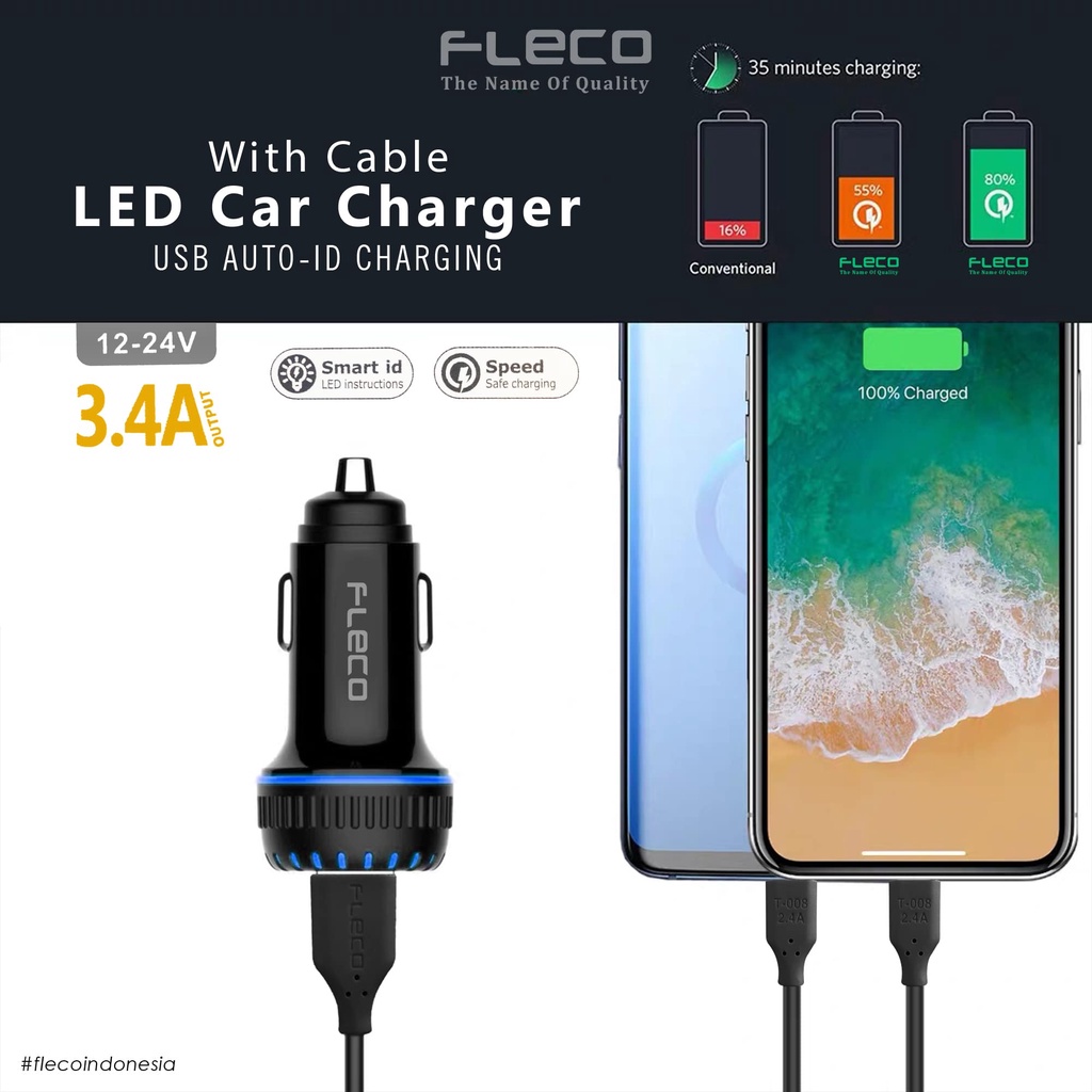 Car Charger FLECO F-87 Saver Colokan Mobil 2 Ports QC3.0 3.1A Qualcomm Black White