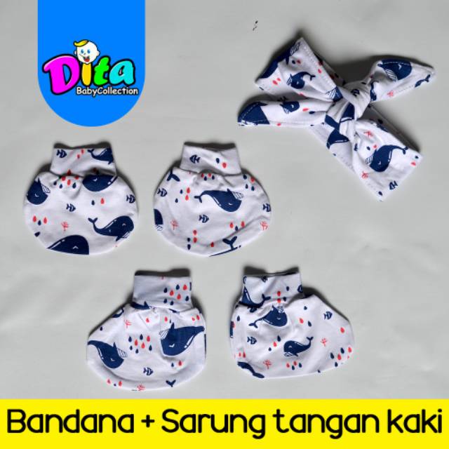 Sarung Tangan Kaki Bandana Bayi Motif Dita Ecer &amp; Grosir 1 Pasang Murah