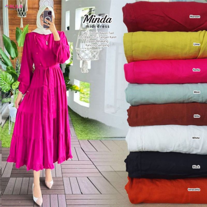 Dua Minda Midi Dress Maxy Gamis Rempel Susun Polos Putih Fuchia Cokelat Katun Rayon Ld 100 Fit XL By