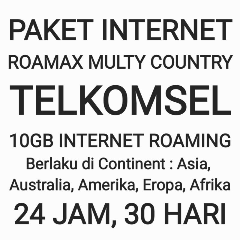 Paket Internet Roamax Roaming Telkomsel Multy Country Continent Luar Negeri Negri 10GB Tsel Kuota Da