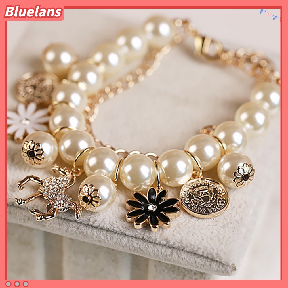 Bluelans Horse Flower Charm Women Bracelet Faux Pearl Party Bangle Gift Fashion Jewelry