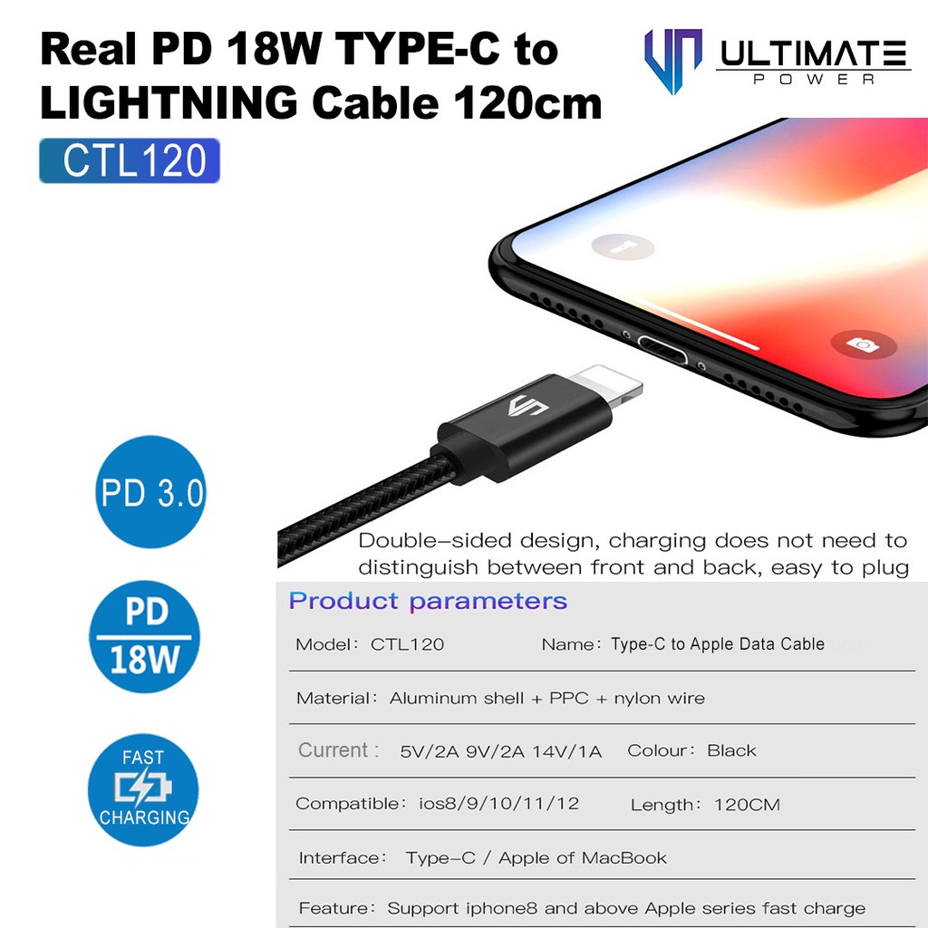 Data Kabel Type C / Usb C to Lightning Cable 18W Ultimate Power Real PD 120CM Original100%