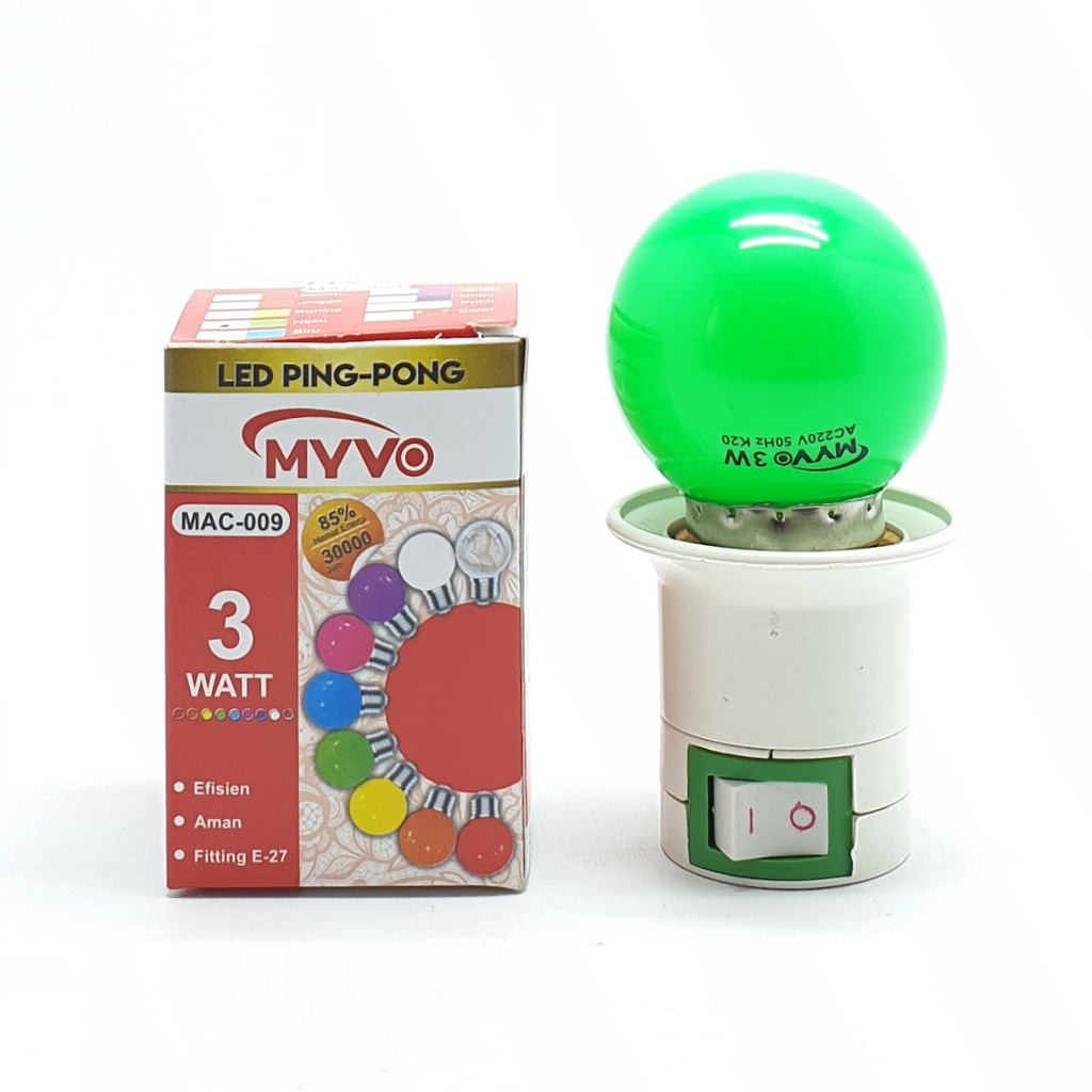 Myvo Hijau Lampu Led Ping Pong 3W E27 Warna Hijau + Linux Fiting Colok Switch / LAMPU TIDUR