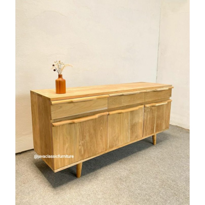 BUFET RETRO MINIMALIS PINTU LACI KABINET TEMPAT TV PAJANGAN DRAWER UKURAN 150x45x70cm BAHAN KAYU JATI TPK PERHUTANI FINISHING BLEACHING DOFF FURNITURE JEPARA-3