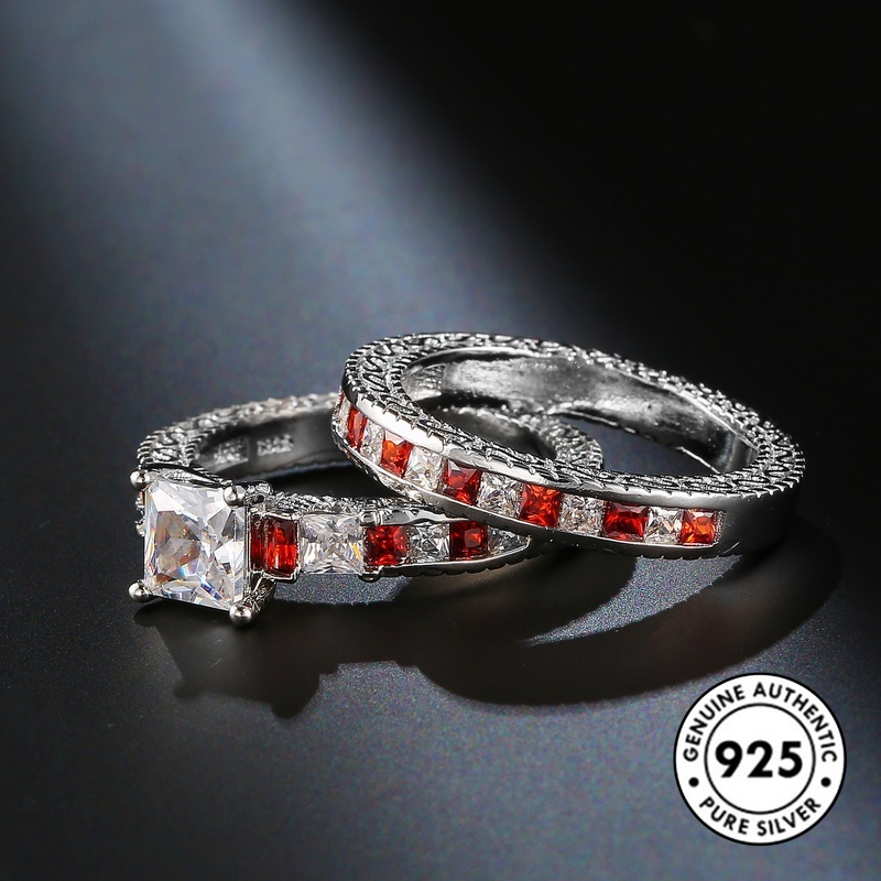 Set Cincin Sterling Silver 925 Dengan Batu Ruby Bentuk Kotak Untuk Wanita