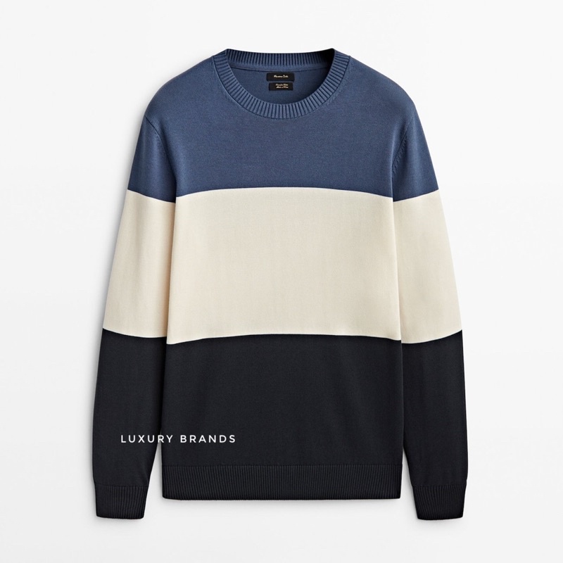 Sweater Pria MASSIMO DUTTI Original Colour Block Sweater Blue