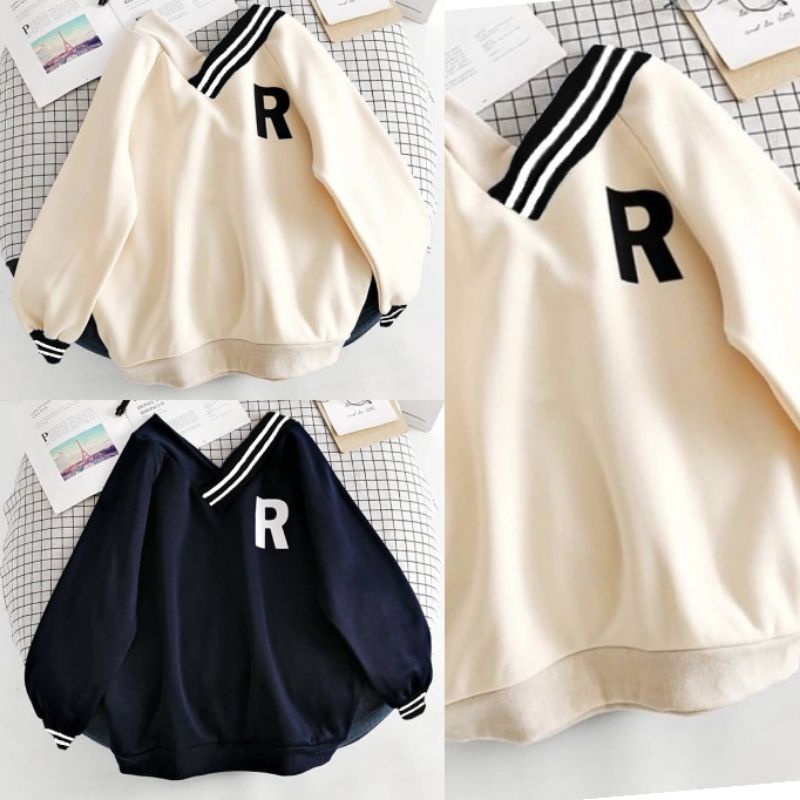Sweater Wanita R VNECK SPORTY Oversize | Crewneck Sweater Wanita | Korean Style | Bahan Fleece Tebal Kekinian
