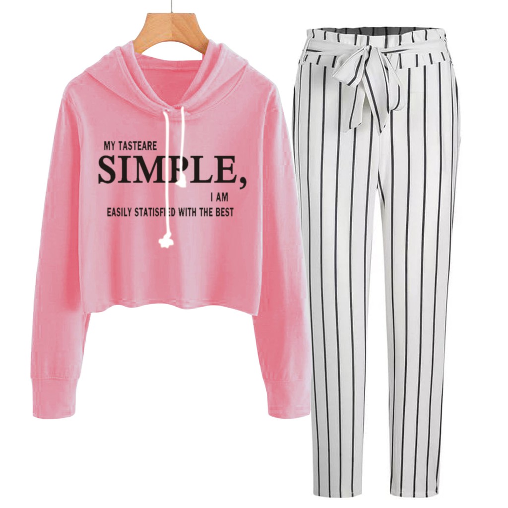 BESS - Baju Setelan Wanita Murah / Setelan Hoodie Crop + Celana Salur Putih - SIMPLE