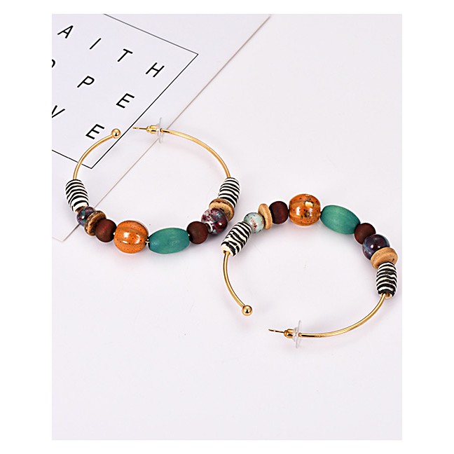 LRC Anting Tusuk Fashion Color Alloy Round Wooden Beads Earrings F32678