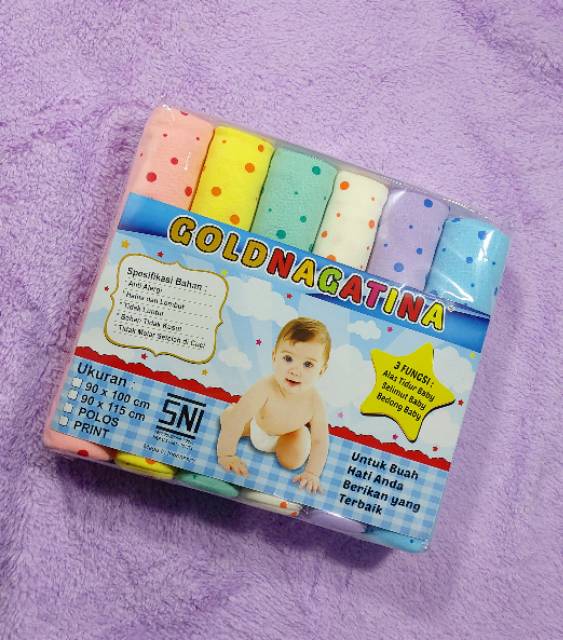 6in1 Bedong Bayi Goldnagatina Rainbow Pelangi motif Boneka Kecil / Dot uk 90x100 bahan lembut  dan halus