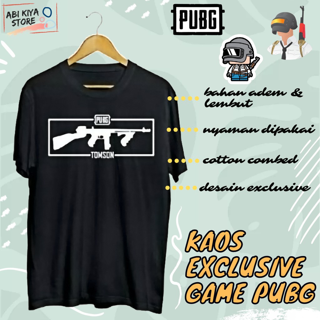 Baju Kaos Tshirt Distro Pria Wanita Cowok Cewek Murah Unik Keren Game Esports PUBG Senjata Thomson