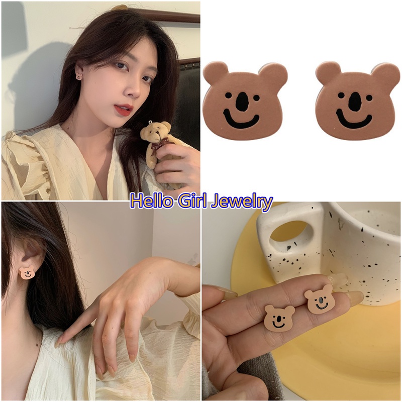 Anting S925 Silver Needle Desain Kartun Beruang Tersenyum Untuk Perempuan