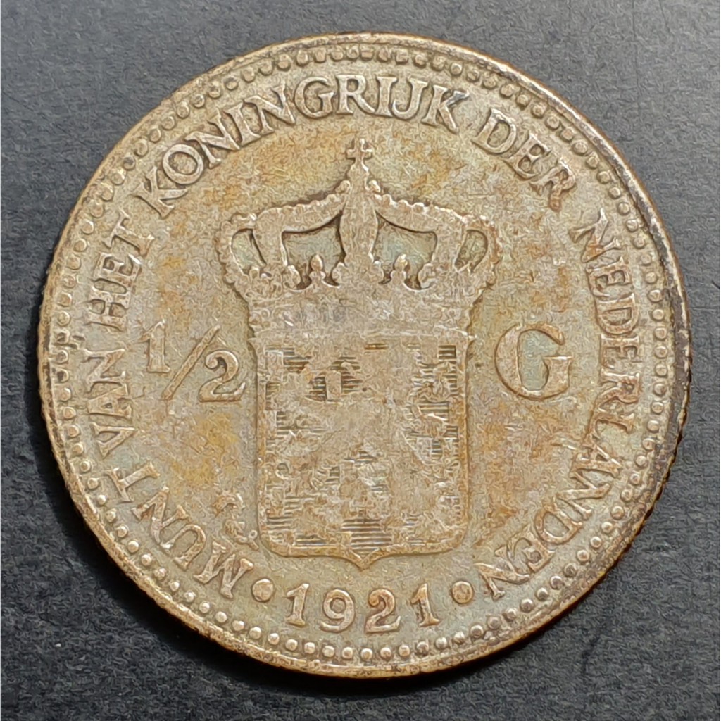 Koin Jaman Penjajahan Belanda 1/2 0,5 Gulden Wilhelmina 1921 Perak