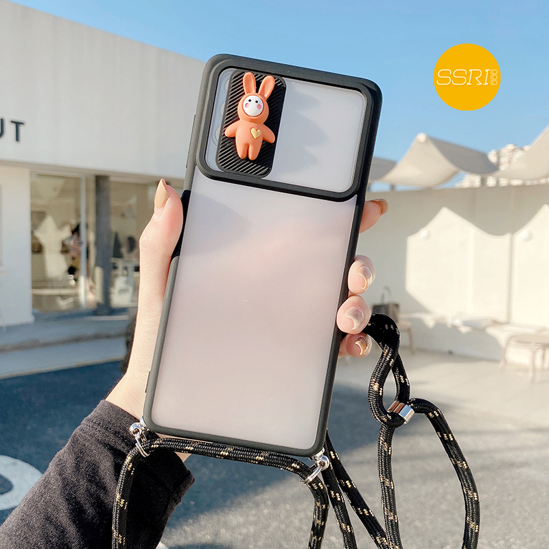 【3D Lens Protection Board】Lanyard Case Tali OPPO RENO4 RENO4F RENO5 A5S A7 A12 A11K A52 A92 A5 A9 A53 A33 A15-Black