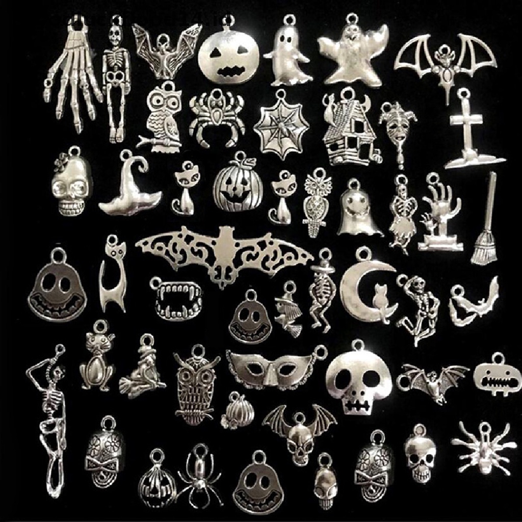 [OOID] 50Pcs Mixed Halloween Bat Skeleton Silver Charms Pendants DIY Jewelry Making ID