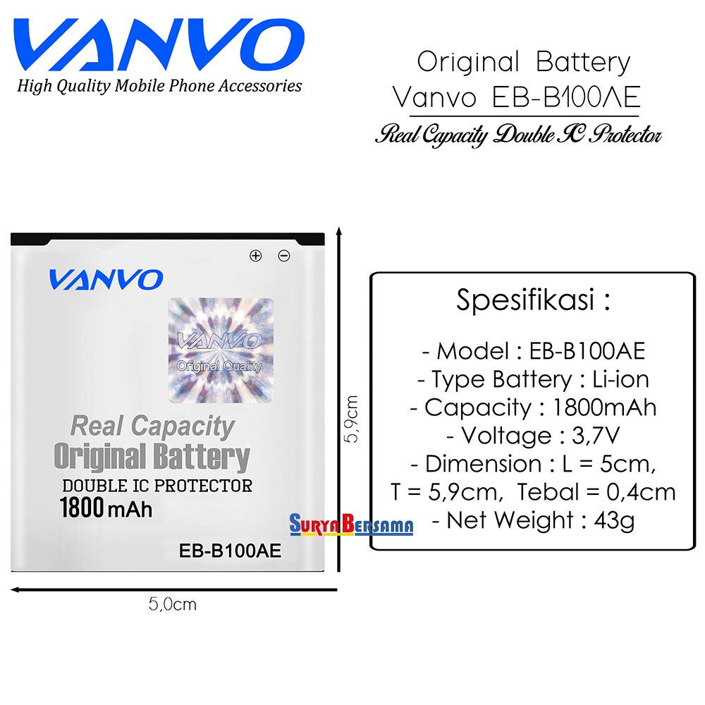 Baterai Vanvo Baterai Ori 100 Samsung B100AE Samsung Galaxy V G313 ACE 4 S7272 J105 Z2 S7260 S6810