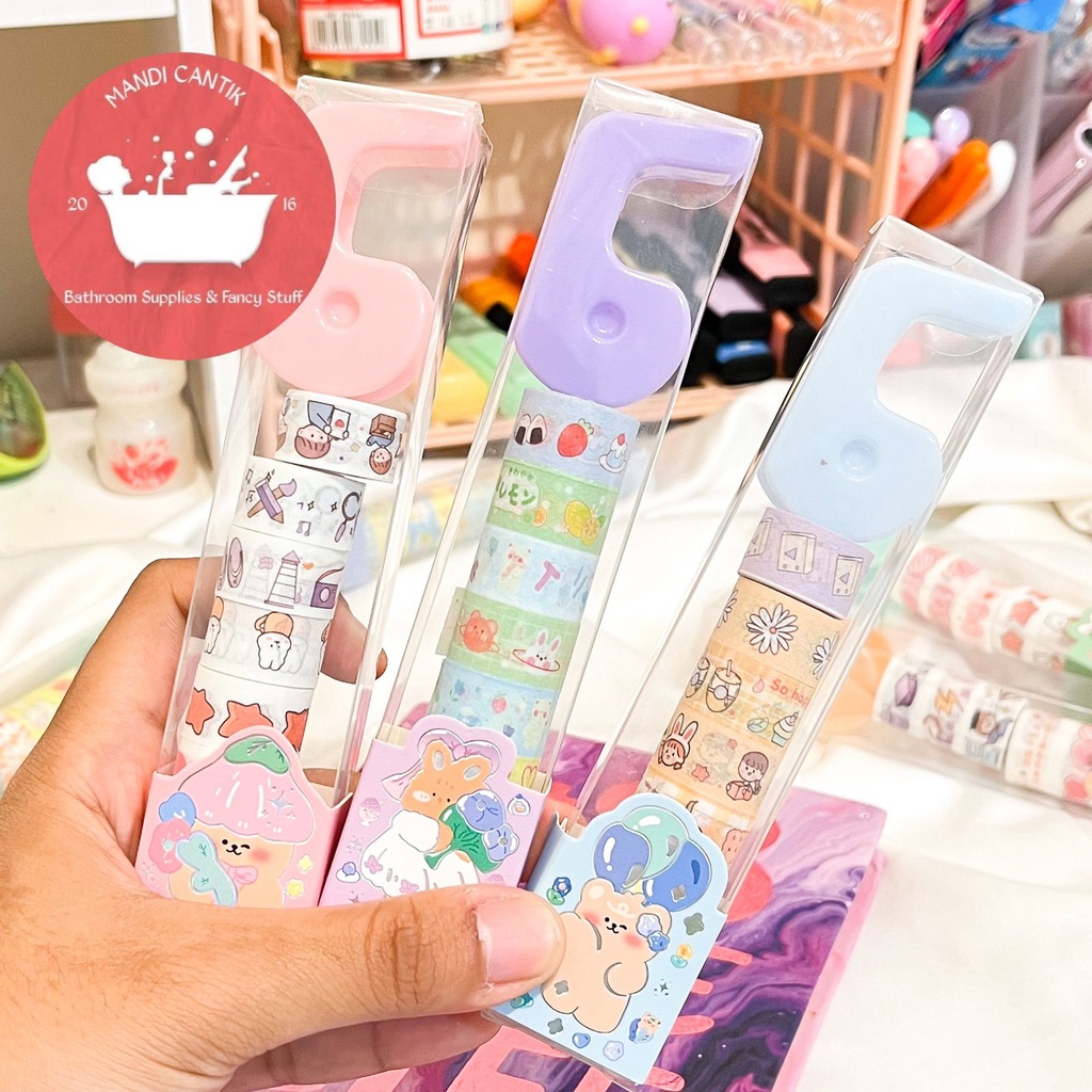 

1 set solatip mini washi tape dengan dispenser mini paket alat sekolah jurnal jurnaling kado unik isi 8 selotip gambar makanan warna pastel lucu
