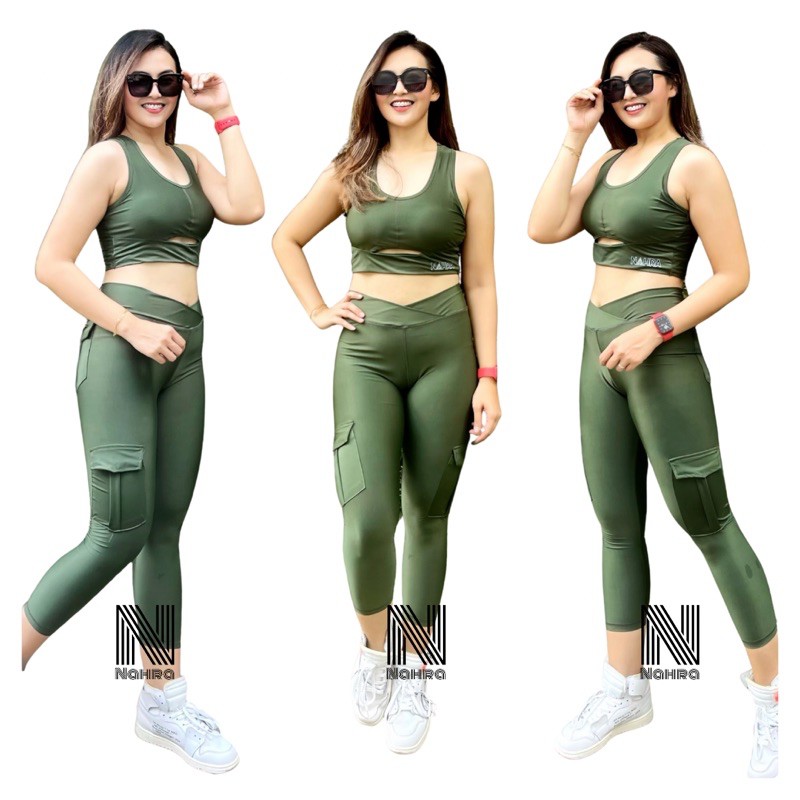 Setelan Baju Senam Olahraga Wanita Model Bra Hole Varian Hijau Army Free Cup Bra