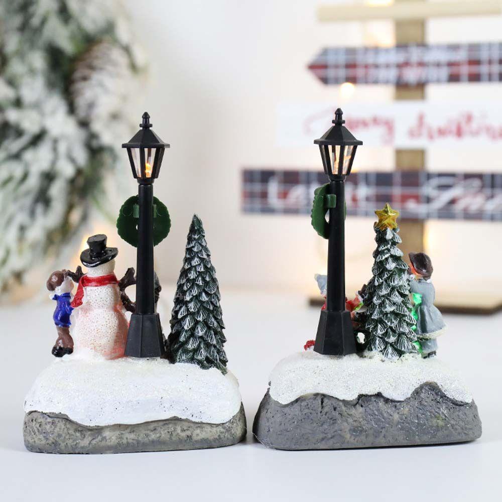 Agustina Mikro Lanskap Lucu Resin Pemandangan Desa Snowman Pohon Xmas Dengan Lampu LED Peri Taman Ornamen