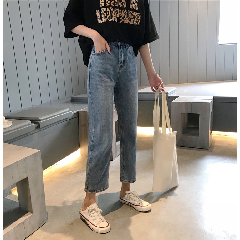 Celana Panjang Model Longgar High Waist Lurus Gaya Korea Bahan Jeans Untuk Wanita