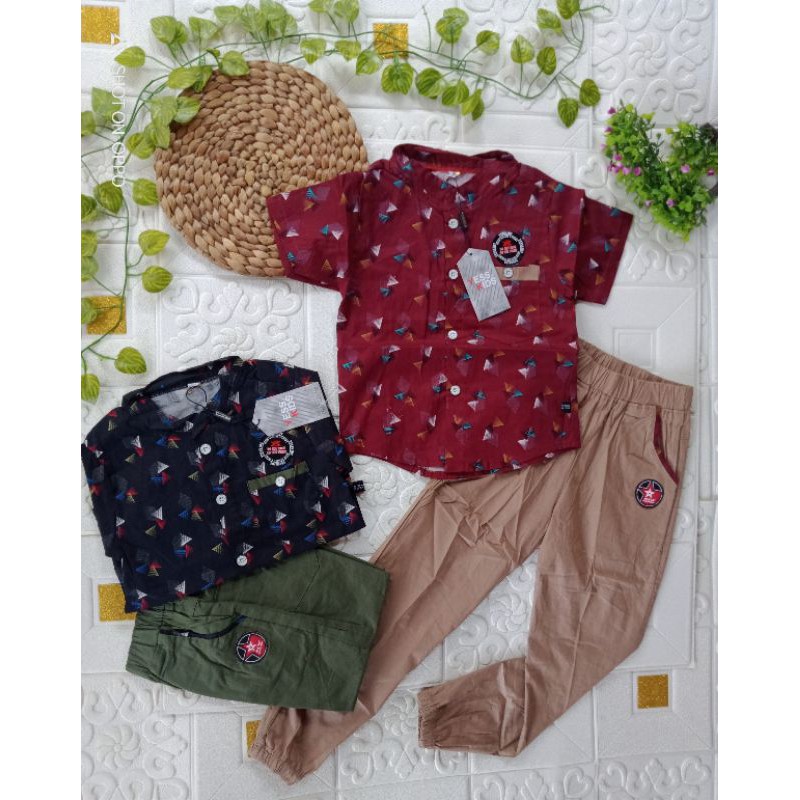 SETELAN KEMEJA YESSKIDS CELANA PANJANG ANAK LAKI LAKI 2-14 TAHUN / SETELAN KEMEJA ANAK CELANA CHINOS IMPORT YESS KIDS CELANA PANJANG MOTIF CIRCLE ABSTRAK