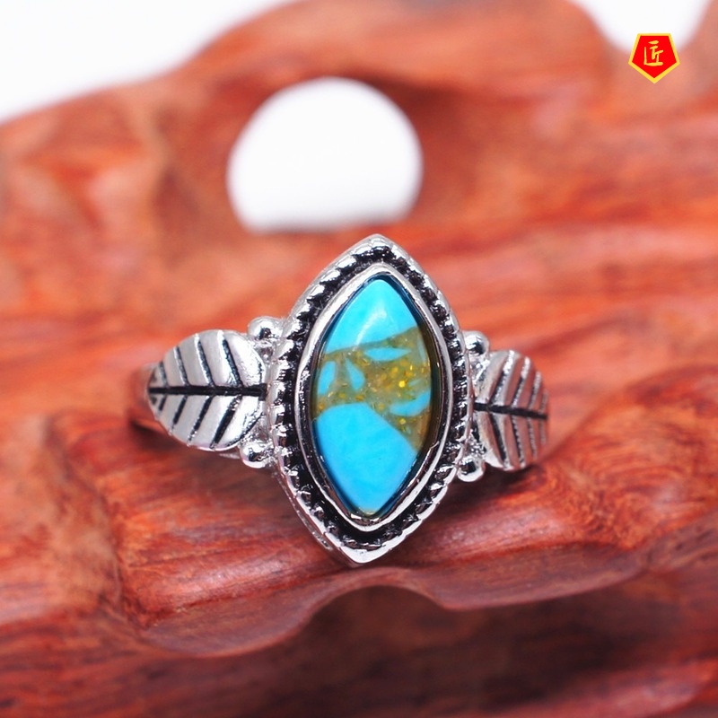 [Ready Stock]Retro Turquoise Leaf Shaped Ring Distinguished Personality