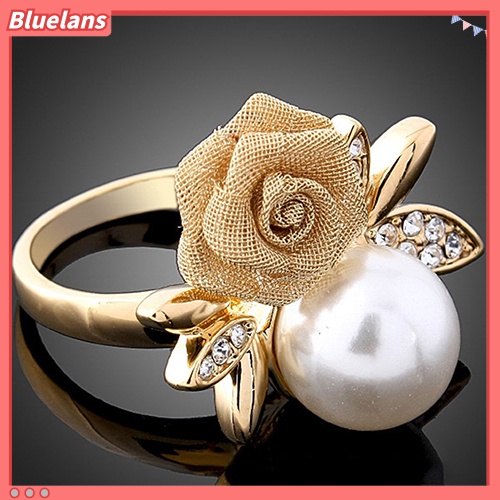 Bluelans Cincin Lapis Emas 9K Hias Mutiara Kristal Imitasi Untuk Wanita